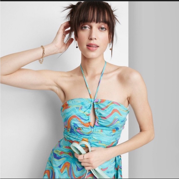 NWT Wild Fable. L Aqua Swirl Halter Crop Top - Picture 2 of 8